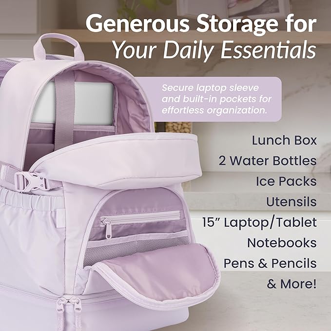 Bentgo 2-in-1 Adult Backpack & Insulated Lunch Bag – Lightweight, Water-Resistant Travel Backpack with 9 Compartments, Laptop Sleeve & Trolley Sleeve for Work & Everyday Use (Lavender)