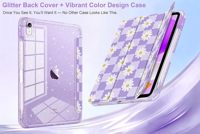 MEEgoodo Case for iPad A16 11th Generation 2025/10th Generation 2022 Glitter Tablet Cases with Transparent Acrylic Back+Trifold Stand +Pencil Holder+Auto Wake/SleepAbstract Sun &amp Palm Tree