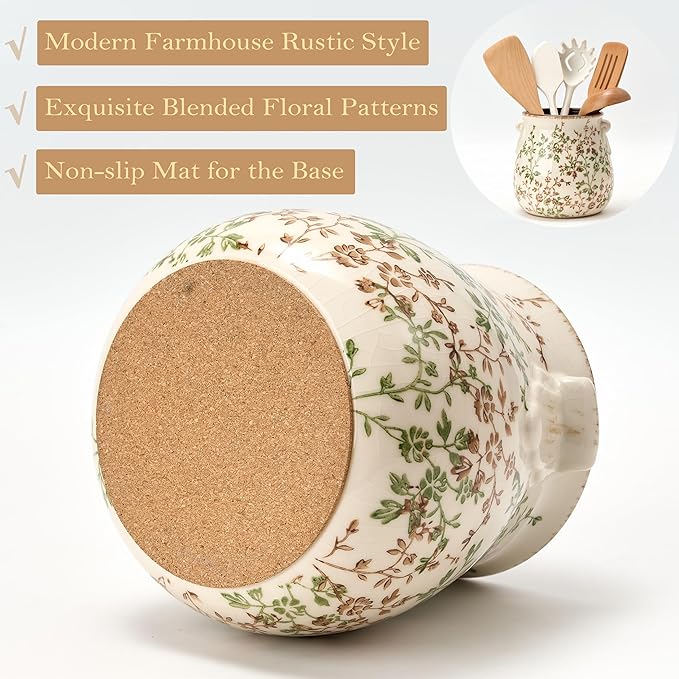 Jemirry Utensil Holder for Kitchen Counter, Modern Farmhouse Rustic Cooking Utensil Holder and Crock, Exquisite Chinoiserie Floral Ceramic Utensil Organizer for Home Kitchen Decor- Green and Beige