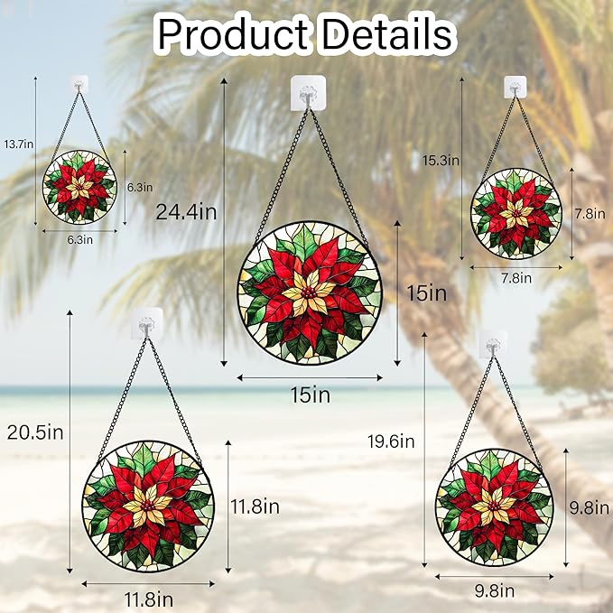 Stained Glass Window Hanging - Red Poinsettia Birth Flower Sun Catcher for Door Garden Home Decor Suncatcher Christmas Mother's Day Birthday Gifts for Women Men Mom Girl Nana Friend 6.3 in