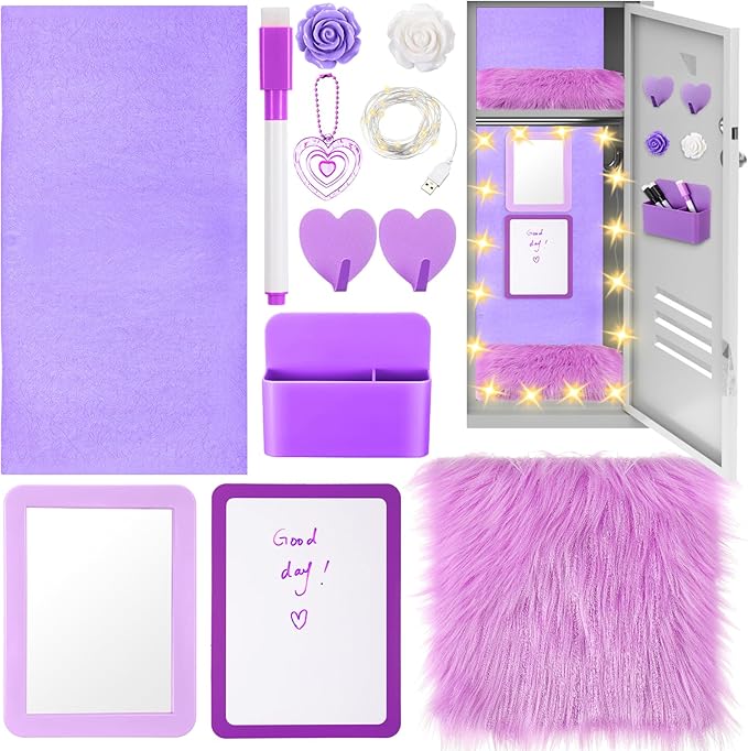 12 Pcs Locker Accessories Kit Magnetic Mirror Whiteboard Pen Holder Magnet Hook Locker Wallpaper Rug Keychain Marker String Light for Back to School Essentials Decorations (Purple)