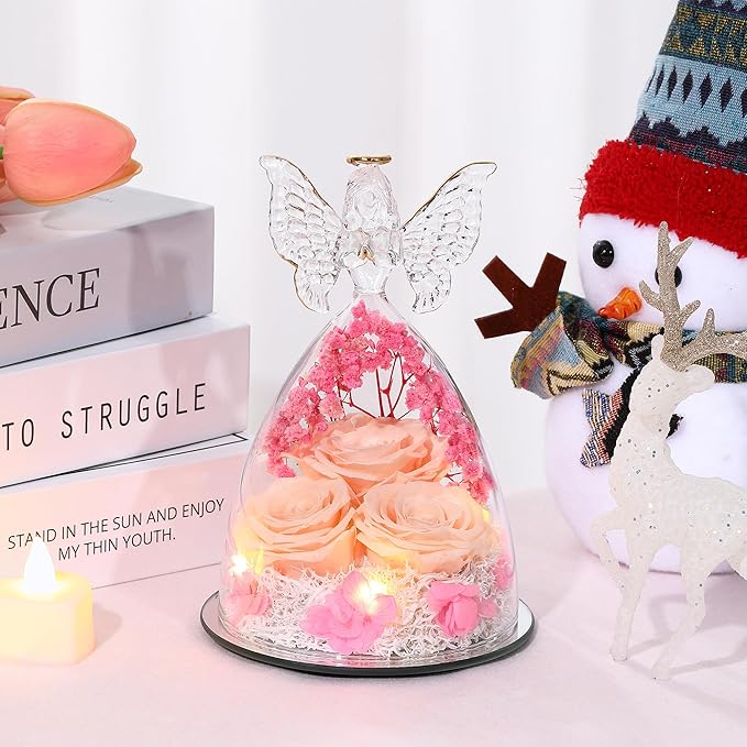 Ocosy Mothers Day Rose Gifts for Her, Large Angel Rose Gifts for Women, Forever Real Roses in Figurines, Guardian With Roses Flower Yellow Champagne