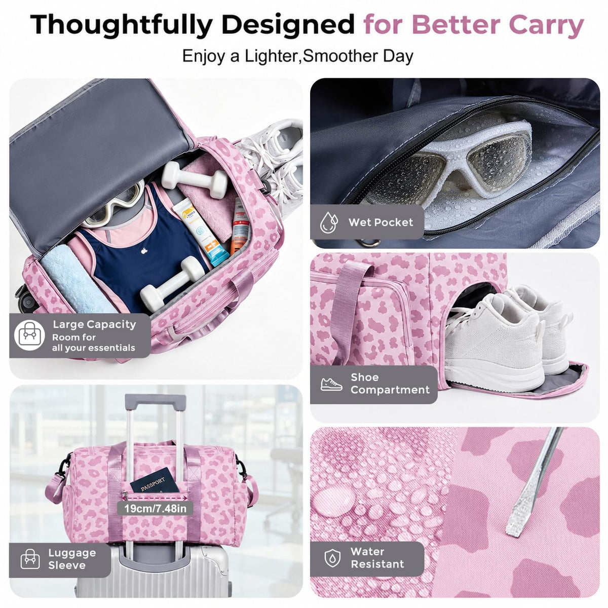 FIORETTO Women's Gym Duffle Bag with Shoes Compartment, 30L Capacity, Ideal for Travel, Gym, Sports, Duffel, Weekender, Leopard Pink