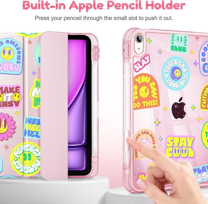 for iPad Air 11 inch M4/M3/M2 (2026/2025/2024) iPad Air 5th/4th Gen (2022/2020) 10.9 inch with Pencil Holder Glitter Clear Pretevtive Cover Auto Wake/Sleep Black Cartoon Stickers