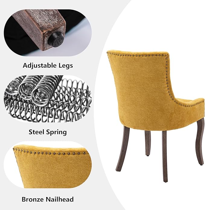 Farmhouse Dining Chairs Set of 2, Upholstered Fabric Dining Room Accent Chairs with Wood Legs & Bronze Nailhead, High Wingback Kitchen Chairs for Living Room Hotel Apartment, Golden Yellow