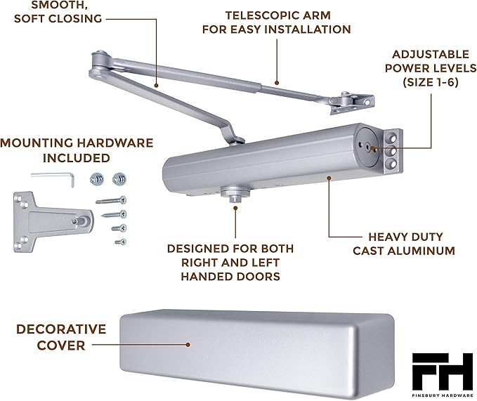 Finsbury Commercial Door Closer Automatic Heavy Duty High Traffic Adjustable ANSI/BHMA Grade 1, UL Listed ADA Compliant Hydraulic Backcheck Delayed Action Latch Speed 1-6 Power (Aluminum)