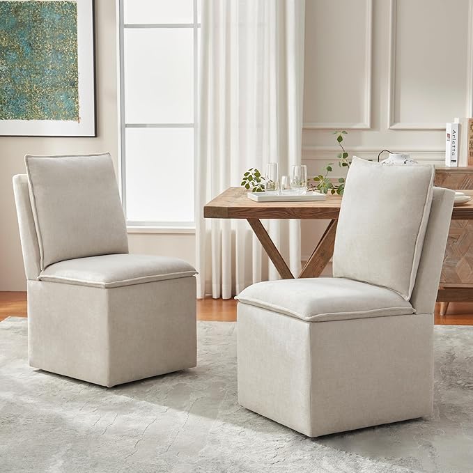 VKNOW Upholstered Dining Chairs, Modern Rolling Chairs with Storage and Wheels, Linen Armless Chair with Cushion and Backrest, Dining Room Chairs for Living Room Kitchen Bedroom, Beige