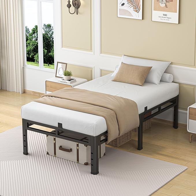 NKZ 18 Inch Twin Size Bed Frame, Metal Bed Frame & Box Spring 2 in 1 Platform with Round Corner Legs, 4000Lbs Heavy Duty Metal Frame, Mattress Slide Stopper, Headboard Hole, Noise-Free, Easy Assembly