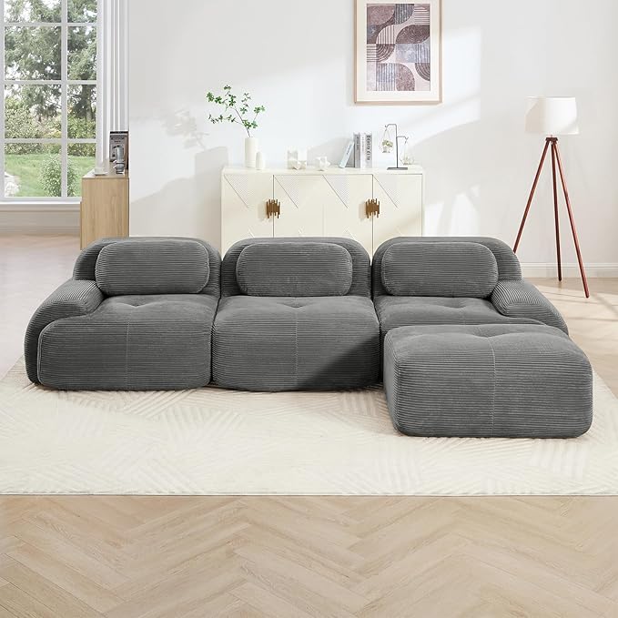 116" Modern Compressed Boneless Couch with Ottoman, 3 Seater Large L Shaped Sectional Couches for Living Room, Gray Corduroy Cloud Modular Sectional Sofa, Memory Foam, Extra Deep, No Assembly