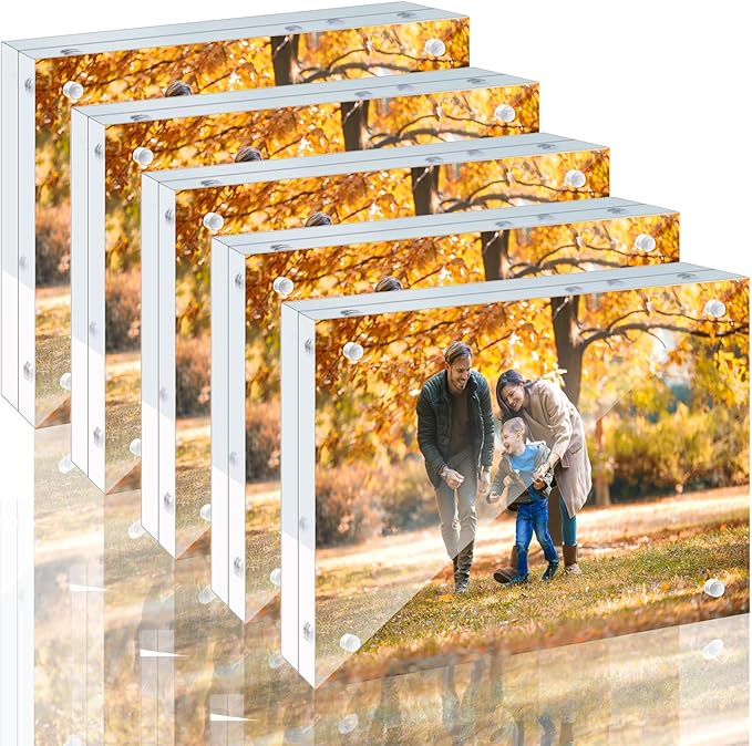 5 Pack 6x8 Acrylic Picture Frames - 20% Thicker Double Sided Magnetic Frame with UV Protection - Freestanding Clear Frameless Display for Tabletops - Modern Photo Frame Set for Home & Office Decor