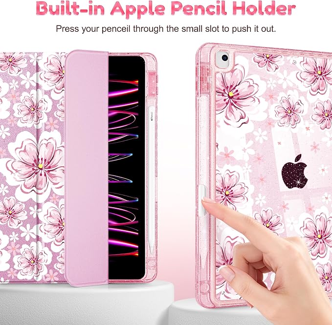 Mektron Sparkly Case for iPad 10.2 inch Glitter Tablet Cases for iPad 9th Gen 2021/8th Gen 2020/7th Gen 2019 Cover with Shiny Clear Back Shell Foldable Bling Smart Cover Blue Floral