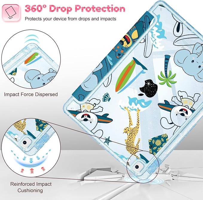 Mektron Sparkly Case for iPad 10.2 inch Glitter Tablet Cases for iPad 9th Gen 2021/8th Gen 2020/7th Gen 2019 Cover with Shiny Clear Back Shell Foldable Bling Smart Cover Blue Floral