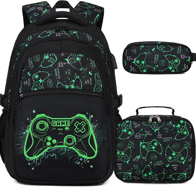 Boys Backpack for School, 3PCS Cool Luminous Gamer Backpack for Boys with Lunch Box Pencil Case, Kids Backpacks Bookbag for Teen Boy Elementary Middle High School with USB Charging Port