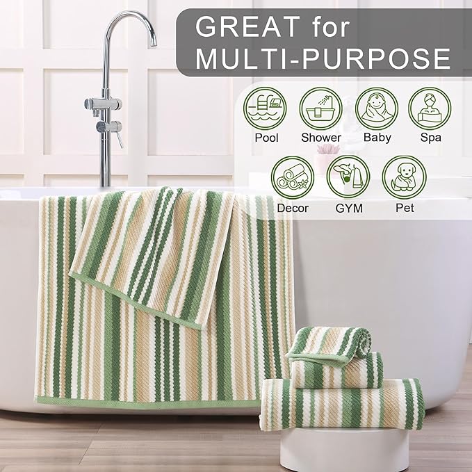 Green Striped Towels - 100% Cotton, Quick Dry, Soft & Absorbent, 3PC Luxury Towels Set (Bath 28"x52", Hand 16"x27", Wash Cloth 13"x13"), Stripe Shower Towel with Hanging Loop, Sage and Beige