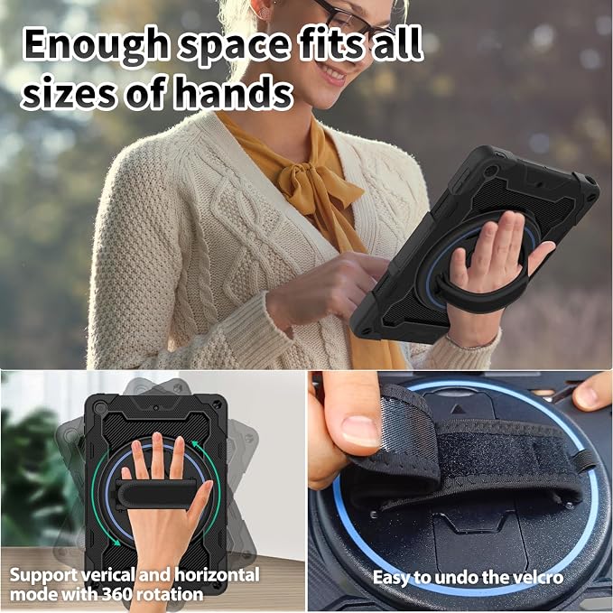 for iPad 9th 8th 7th Gen Case 10.2 inch with Screen Protector | 360° Rotating Kickstand Hand Strap Shoulder Strap Heavy Duty Military Grade - Kids Friendly