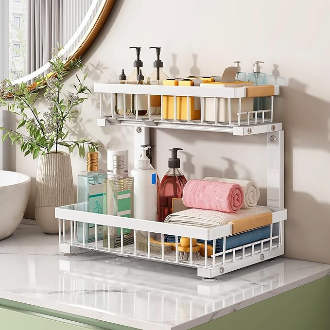 Pull out Cabinet Organizer, 1 Pack Under Sink Organizer, Slide out Metal Kitchen Cabinet Organizers Drawer Shelf, Sliding Storage Shelves for Kitchen Bathroom Pantry Closet Organization Rack(White)