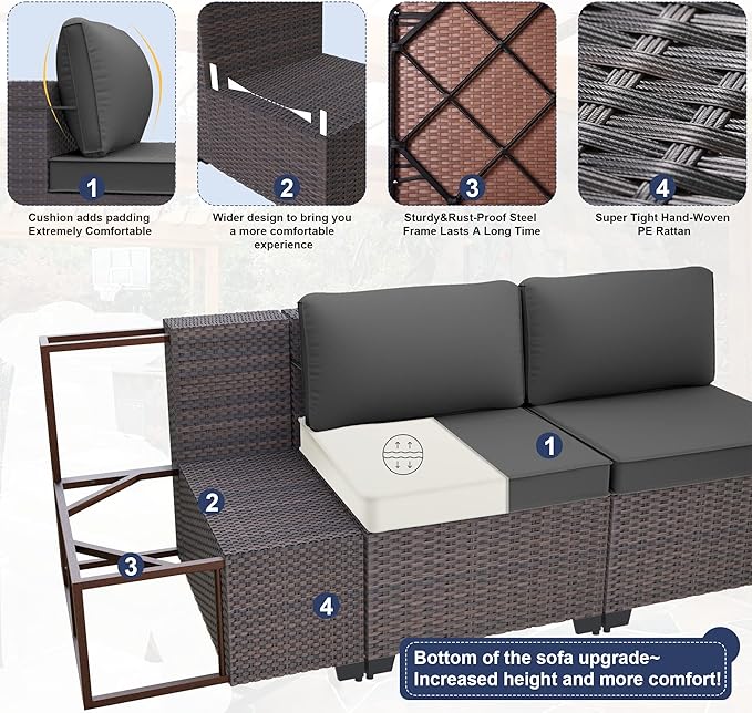 Kurapika 8 Pieces Patio Furniture Set, Rattan Wicker Outdoor Conversation Sets w/43in Propane Fire Pit Table and 4 Inch Cushion(Grey)