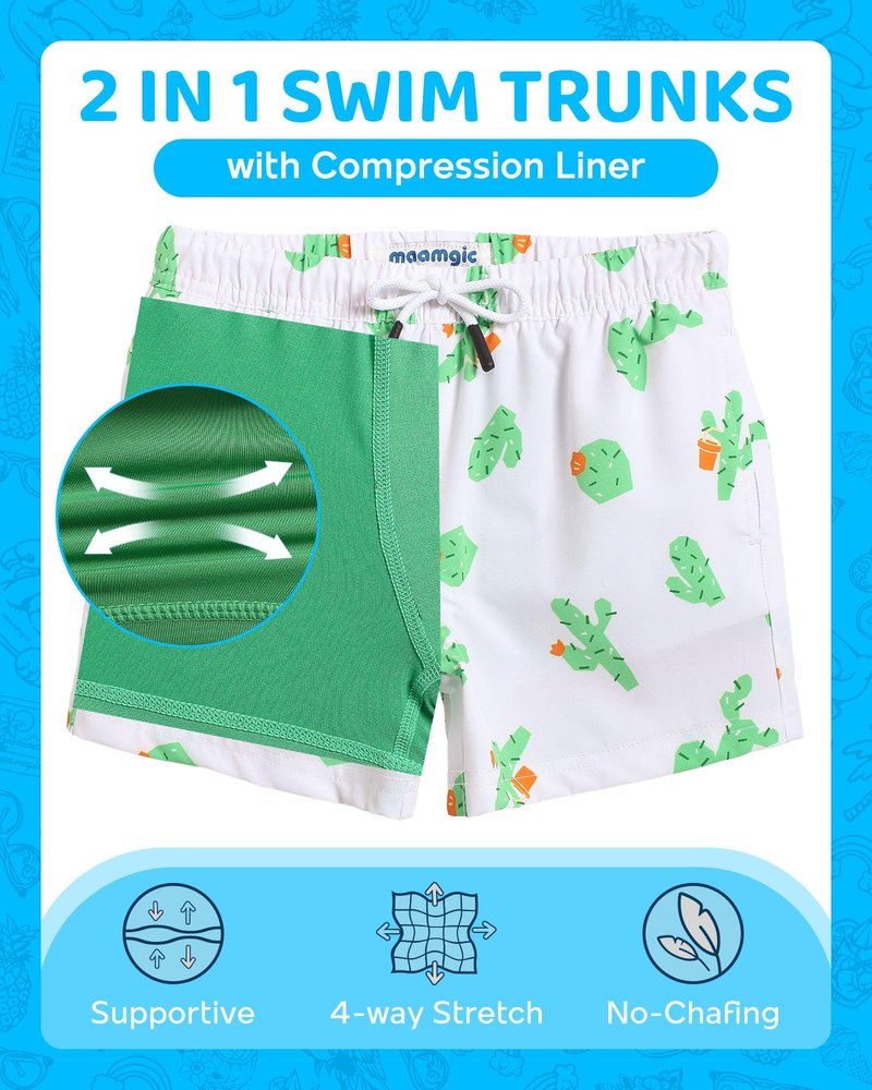 maamgic Boys Swim Trunks with Compression Liner Toddler Boy Swimsuit Quick Dry 4-Way Stretch Swimming Trunks Cactus White 2T