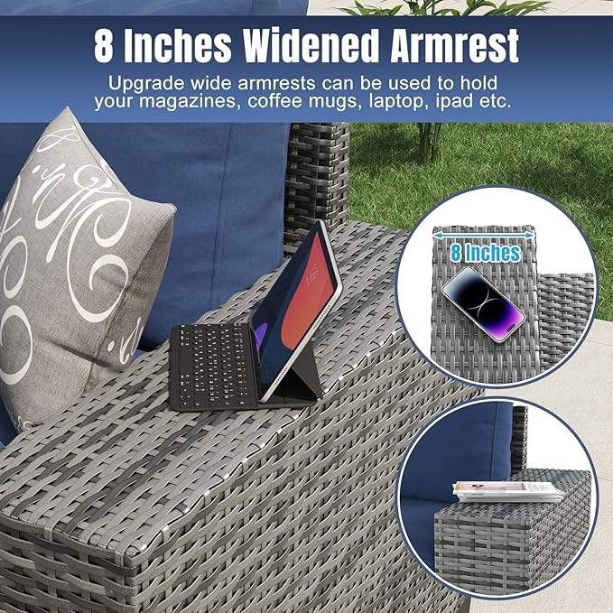 Aoxun 13 Pieces Patio Furniture Set with 44” Fire Pit Table Wicker Rattan Outdoor Sectional Conversation Set with Coffee Table and 4” Thickened Cushions, Gray/Blue(Waterproof Cover Included)
