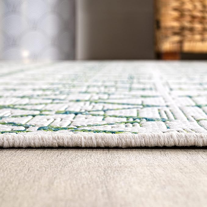 JONATHAN Y SMB108R-5SQ Ourika Moroccan Geometric Textured Weave Indoor Outdoor Area Rug, Bohemian, Rustic, Scandinavian Easy Clean,Bedroom,Kitchen,Backyard,Patio, Non-Shed, Green/Ivory, 5' Square