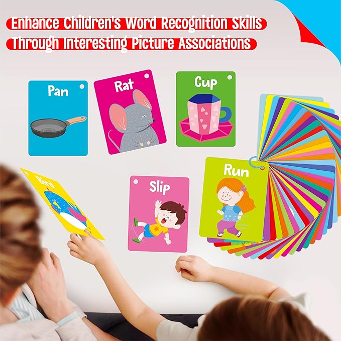 52 PCS Word Flashcards, 52 CVC Words & 52 CVCC, CCVC Words Double-Sided Cards with 2 Rings, Vocabulary Phonics Learning, Educational Tool for Preschool, Kindergarten, Toddlers