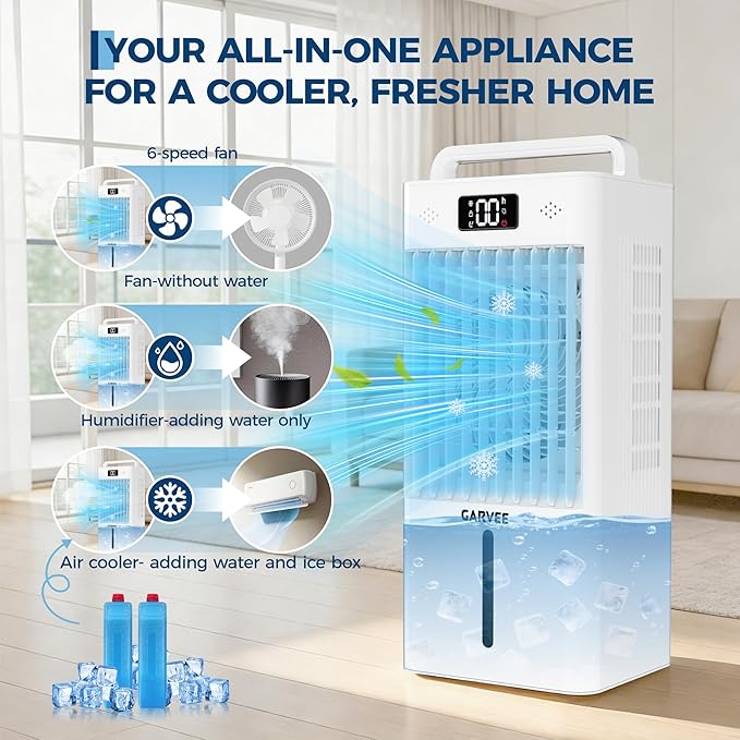 Portable Evaporative Air Cooler, 2.6Gal Touch Screen Cooler Fan with Remote Control, 6 Speeds 3 Modes LED Display, Quiet 3-in-1 Cooling, Ice Packs & Rolling Casters Included, for Bedroom Home Office