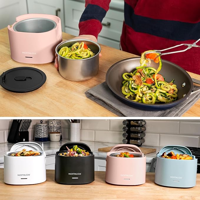 Nostalgia Portable Heated Lunch Box – 2.5-Cup Stainless Steel Food Warmer – Detachable Cord, Leak-Proof Lid, Carry Handle – Portable for Work & Travel – Cherry Blossom
