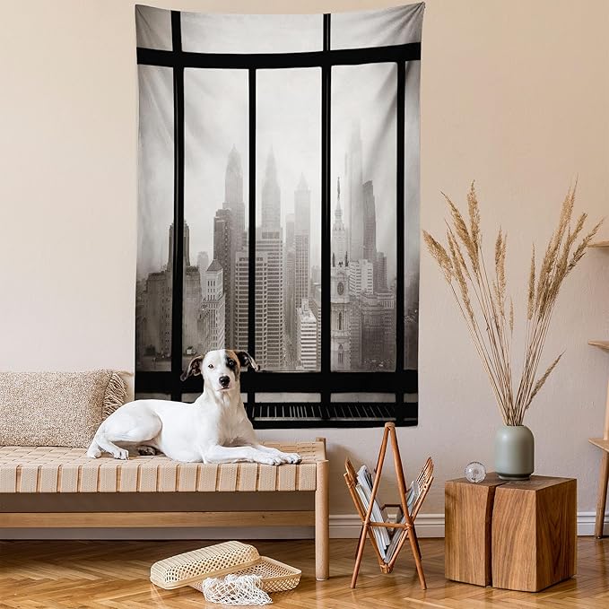 Ambesonne City Tapestry Twin Size, Philadelphia City Rooftop View Through Window Skyline Landmark Rooftop Travel, Wall Hanging Bedspread Bed Cover Wall Decor, 68" X 88", Grey Black