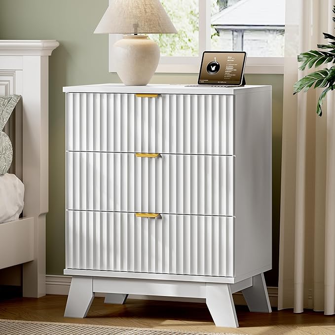 Fluted Nightstand with Charging Station, 24" Wide Bedside Table with 3 Large Storage Drawers, Modern Wood Side Table Night Stand, End Table Small Dresser for Bedroom, Living Room, Dorm, White