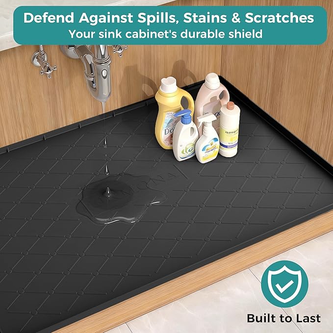 URMONA 28" x 19" Waterproof Silicone Mat in Multiple Sizes & Colors, Under Sink Mat for Kitchen & Bathroom, Pet Food Pad for Dogs & Cats, Kitchen Cabinet Liner, Multi-Purpose for Storage(Dark Grey)
