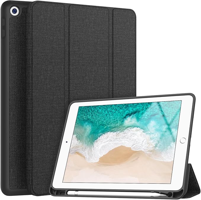 Soke Case Fits for iPad 6th/5th Generation with Pencil Holder - [Full Body Protection + Auto Wake/Sleep] Shockproof Soft TPU Back Cover for Apple iPad 9.7 inch 2018/2017 Black
