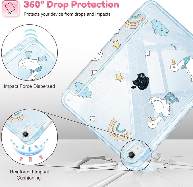 for iPad Air 11 inch M4/M3/M2 (2026/2025/2024) iPad Air 5th/4th Gen (2022/2020) 10.9 inch with Pencil Holder Glitter Clear Pretevtive Cover Auto Wake/Sleep Black Cartoon Stickers