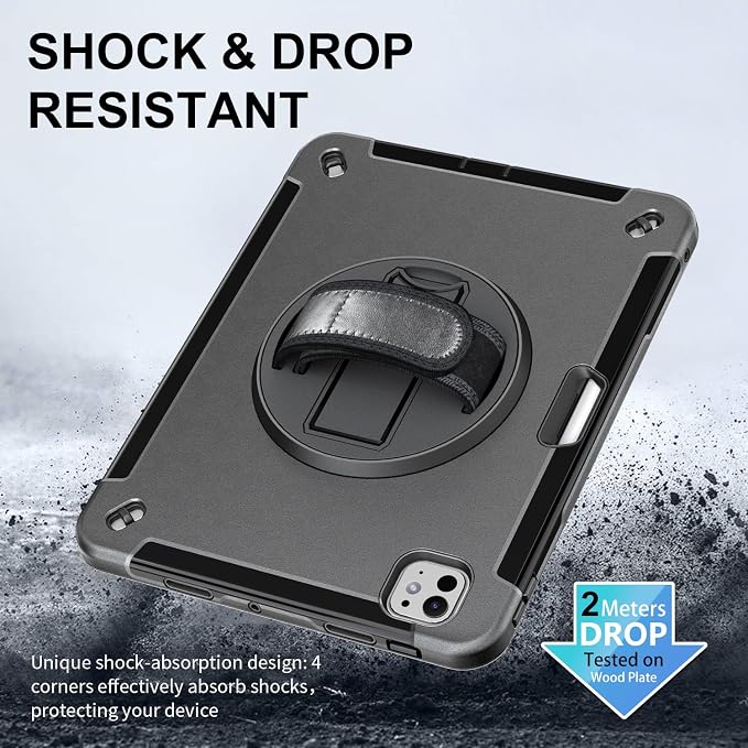Junfire Protective Case for iPad Pro 11-inch M5/M4-Black | Hand Strap 360°Rotating Kickstand Carrying Shoulder Belt， Pencil Holder Shockproof Rugged