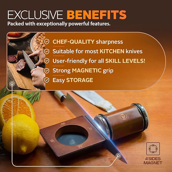 KraxenHaus Tumbler Rolling Knife Sharpener Kit – Magnetic Manual System with 4 Angles & Walnut Base Diamond & Ceramic Discs | Kitchen Knife Sharpening Tool | Interchangeable, Easy & Safe Design