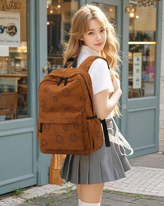 Backpack for Girls Boy Teen Corduroy Bookbags Elementary Middle High School Women Laptop Bag with Lunch Box Pencil Bag (Smile Brown)