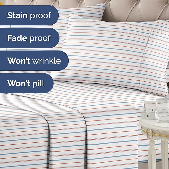 Striped Sheets - Red & Blue Striped Sheets - 1 Flat & 1 Fitted & 2 Pillowcases w/ Deep Pockets – Comfy, Wrinkle & Fade Free - Soft, Breathable & Cooling – Luxury Pinstripe Bedding - Full Size Bed Set