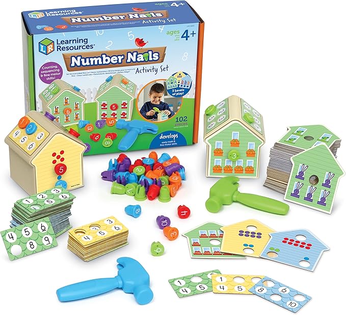 Learning Resources Number Nails Activity Set - Math Manipulatives for Preschoolers Games, Counting Hammer Toy, STEM Fine Motor Skills, Kindergarten Educational Activities, Gifts for Boys and Girls
