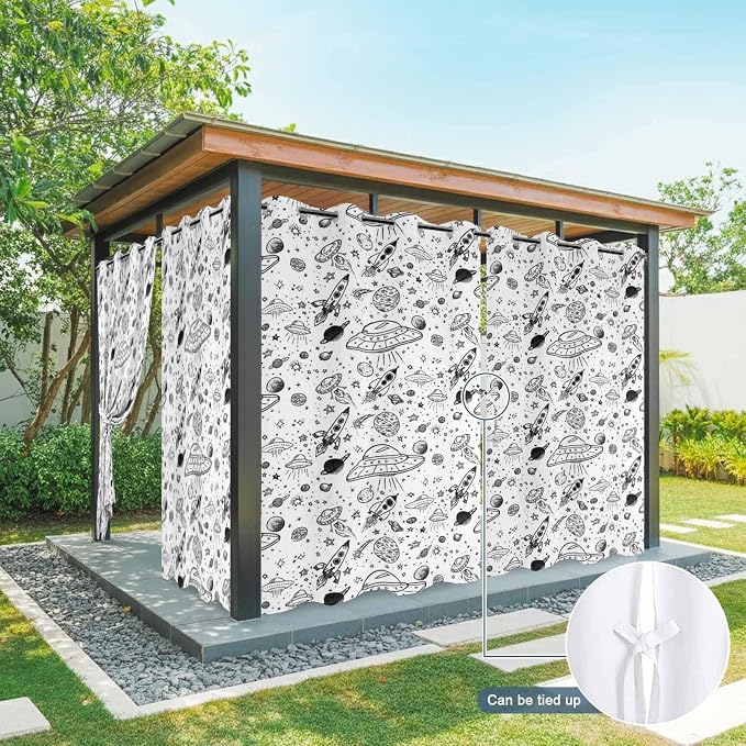 Cartoon Space Outdoor Curtains for Patio Rockets Astronauts Planets Black