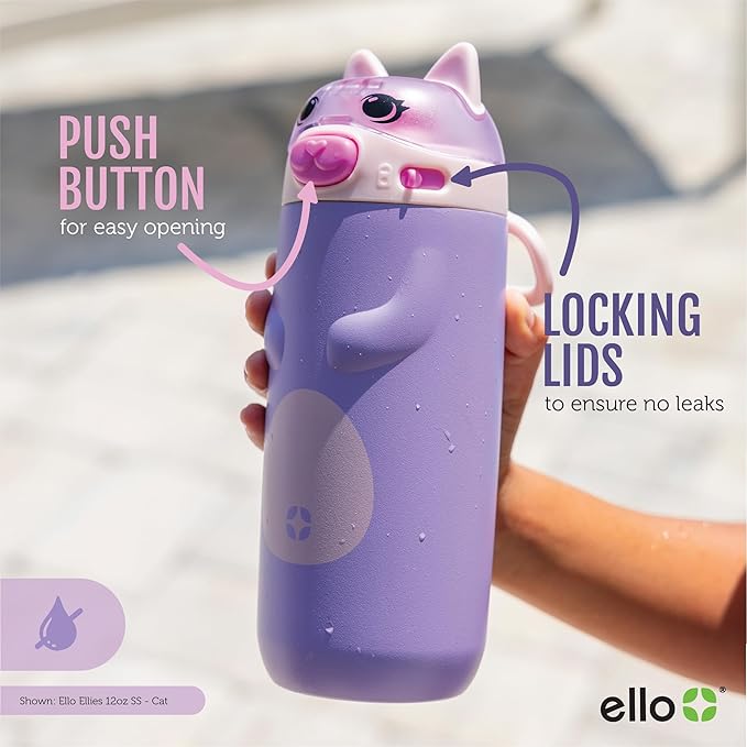 Ello Ellies 12oz Vacuum Insulated Stainless Steel Kids Water Bottle with Straw and Built-in Carrying Handle & Leak-Proof Locking Lid for School Backpack, Lunchbox & Outdoor Sports, Dino (Pack of 6)