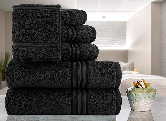 CASA COPENHAGEN Zero Twist, 6Pieces 100% Cotton Towel Set- Bright Black, 600 GSM, 2Bath, 2Hand, 2Washcloths Made from Egyptian Cotton, Ultra Soft Luxury Towels for Hotel Spa Kitchen Bathroom & Shower