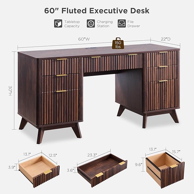 T4TREAM 60'' Fluted Executive Desk with Drawers, Modern Home Office Computer Desk with Charging Station, Keyboard Tray, File Drawer and Storage Cabinet for Study, Living Room, Bedroom, Dark Walnut