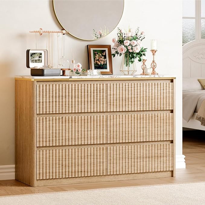Fluted Dresser for Bedroom with 6 Drawers, 47.2" Modern Chest of Drawers with Faux Marble Top, Curved Profile Design,Dresser TV Stand, Wood Drawer Organizer for Living Room, Hallway, Oak1