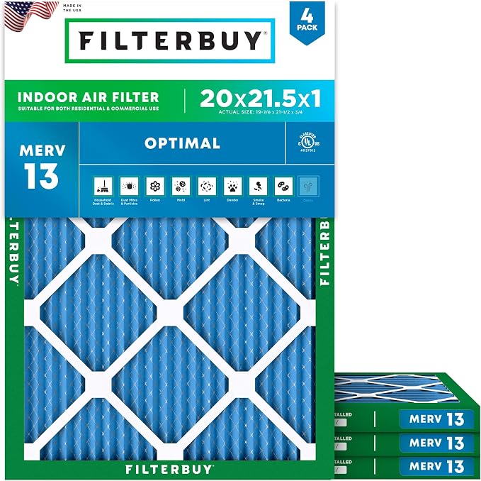 Filterbuy 20x21.5x1 Air Filter MERV 13 Optimal Smoke & Allergy Defense