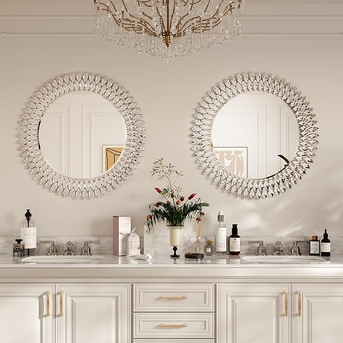 Kelly Miller Jeweled Mirror for Wall, 28 Inch Round Luxury Mirror with Sparkling Diamonds Beveled Modern Wall Decor for Bathroom, Living Room, Bedroom, Hallway
