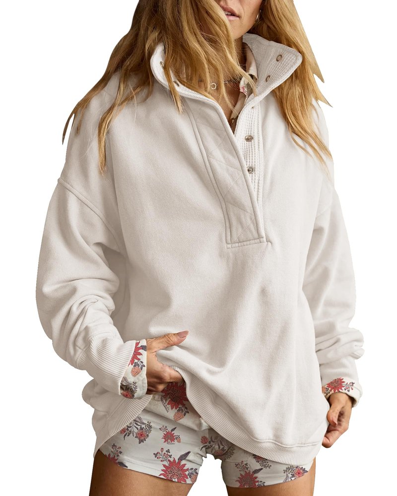 Gacaky Sweatshirt for Women Oversized Casual Long Sleeve Button Henley Neck Pullover Tops Fashion Outfits Clothes White Small