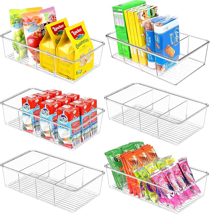 Snack Organizer for Pantry Shelf, 6 Pack Clear Plastic Pantry Storage Bins with 3 Dividers for Snacks, Spices, Chips Food Organizer, Stackable Pantry Organizers for Kitchen, Fridge, Cabinet