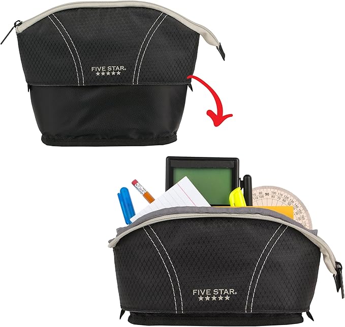 Five Star Pencil Pouch, Pen Case, Quick View Expandable Zipper Pouch, Storage Organizer for School Supplies Earbuds Chargers Cables Makeup, Black/Grey (507610A-ECM)
