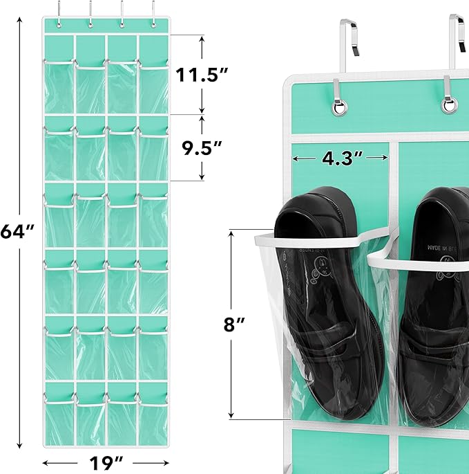 Simple Houseware 24 Pockets - Crystal Clear Over The Door Hanging Shoe Organizer, Turquoise (64'' x 19'')