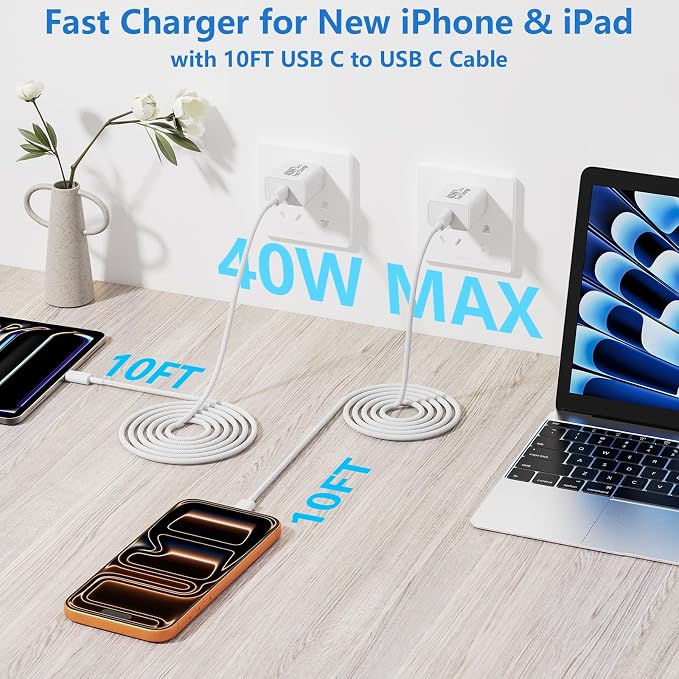 iPhone 17 Pro Max Charger Fast Charging [2-Pack] 40W USB C MFi Certified Fast Charger Block with 2x10FT Woven Type C to C Cable for iPhone 17/Pro Max/Pro/Air/16/16 Pro Max/15/iPad – Orange