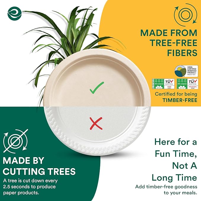 ECO SOUL Compostable Paper Plates 6 Inch (200 Count) Plates for Dessert, Heavy Duty, Eco-Friendly Sugarcane Bagasse Small Plates For Appetizer- Natural Brown